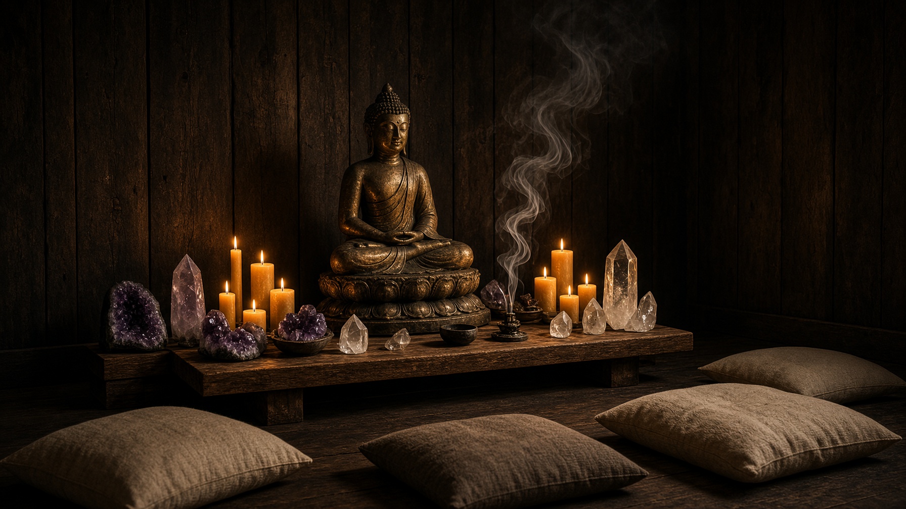 A candlelit meditation room with a Buddha statue, candles, and crystals